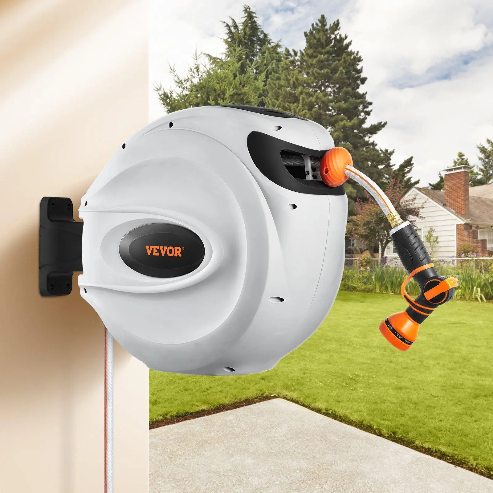 【BackToSchool】VEVOR Automatic Retractable Wall-Mounted Hose Reel, 65'x5/8" 180° Swivel, Outdoor Garden Water Hose Nozzle, Home Improvement Watering Accessory, Father's Day Gift, Outdoor Garden Hose
