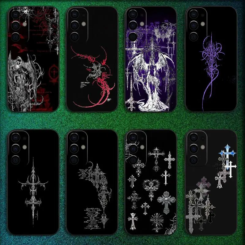 Gothic Cyber Sigil Cross Shockproof Handheld Smartphone Casing - Personalized Black Colorful Animal Design Protector for Samsung S9,S10,Note,S20,S21,S22,S23,S24,S25,S30 (Ultra,Plus,FE,Lite,5G) - Resistance Cell Phone Accessory