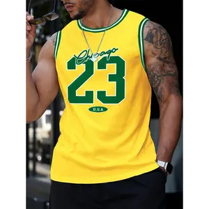 Manfinity Homme Men's Street Collegiate Sports Style, INS Matched With A High Street Black And Gold Colored Digital Print Jersey Featuring An Oversized Number "23" And "Los Angeles" Letters. This Black Sports Tank Top Showcases Oversized Graphic Letter Pr