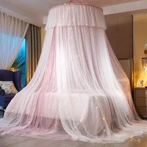 Bed Canopy Princess for Girls, Double Layer Sheer Mesh Dome Bed Canopy Curtain Round Lace Princess Mosquito Net Tent for Twin Full Queen King Bed(Pink/White)