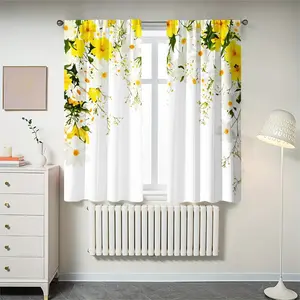 2-piece set - Yellow and White Daisies Pattern Semi-transparent Curtains, Rod Bag Curtains, Suitable for living room, bedroom and home decoration. Hand washable, hookless.