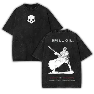 Helldivers 2 Spill Oil Double Sided Washed Cotton Tee Unisex 90s Retro Style Casual Crewneck Shortsleeve Soft Fabric Loose Fit Daily Streetwear Trendy Game Graphic Print Fashion Everyday Outfit For Men Women