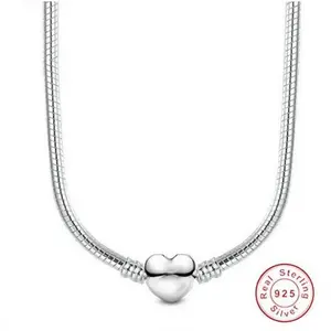 Heart Love 925 Sterlin silver snake chain necklace secure ball clasp beads charms choker necklace for Women wedding DIY jewelry