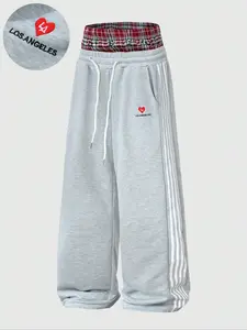 Men's Two-Piece Plaid Wide Leg Pants, Los Angeles Heart Print, Side Stripes, Vintage Comfort Street Style, Casual Daily Wear