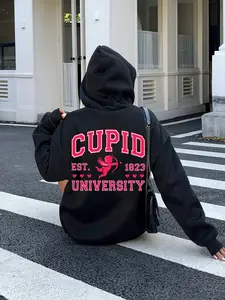 Women's oversized letter printed hoodie, Valentine's Day clothing and daily comfort, black with red letters, patterned hoodie