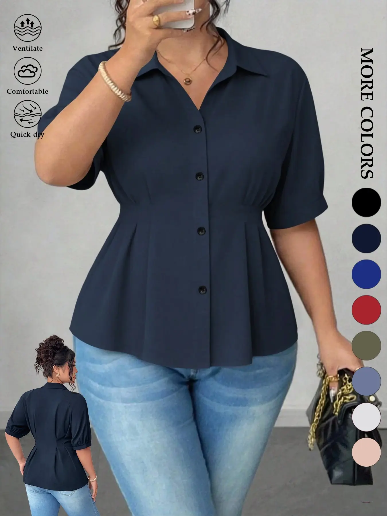Women's Plus Size Tummy Control Solid Peplum Blouse Top, Casual Short Puff Sleeve Button Down Collared Shirt, Fitted V-Neck Cinched Waist Pleated Design, Office Workwear Business Everyday Daily Outfits for Summer, Button Up Blouse, Blouse Shirts
