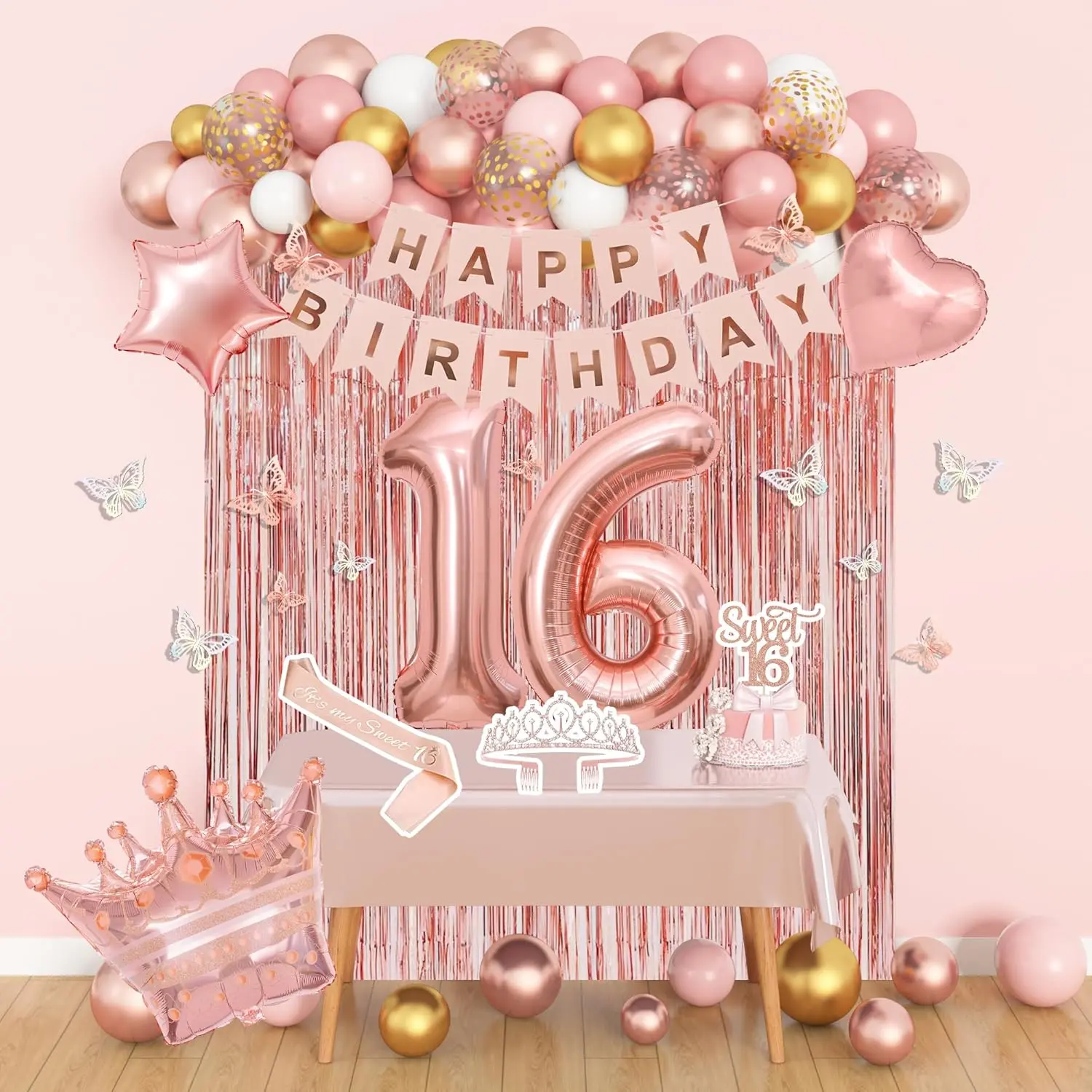 Rose Gold Blush Pink 16th Birthday Decorations Kit for Teenagers - Indoor Party Decor, Balloon Decor, Birthday Crown Sash, Foil Number Balloons, Table Cloth, Fringe Wall Curtains, Banner, Butterfly Supplies Gifts