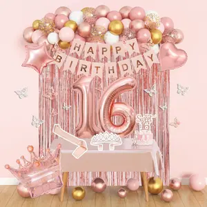 Sweet 16 Party Decorations, 16th Birthday Decorations for Girls Rose Gold Pink Foil Number Balloons Table Cloth Crown Sash Fringe Curtains Happy Birthday Banner Butterfly Party Supplies