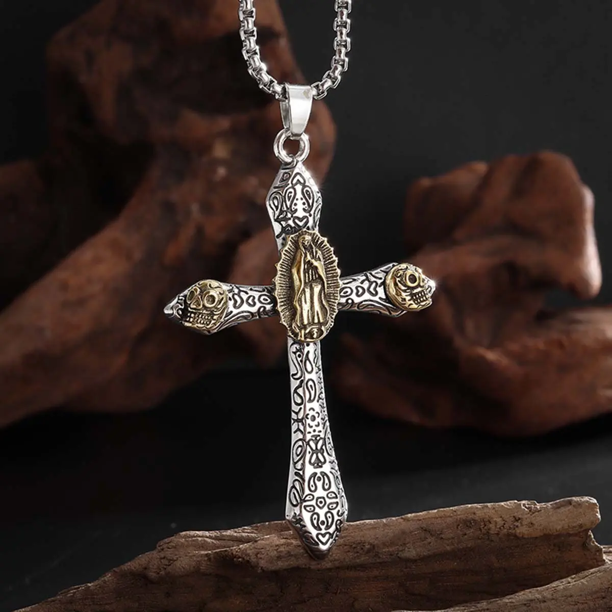 [Prayer Cross] Patterned Cross Necklace Fashion Skull New Pendant Retro Men's and Women's Jewelry Cuban Link Chain Modern Versatile Accessories