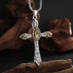 [Prayer Cross] Patterned Cross Necklace Fashion Skull New Pendant Retro Men's and Women's Jewelry Cuban Link Chain Modern Versatile Accessories