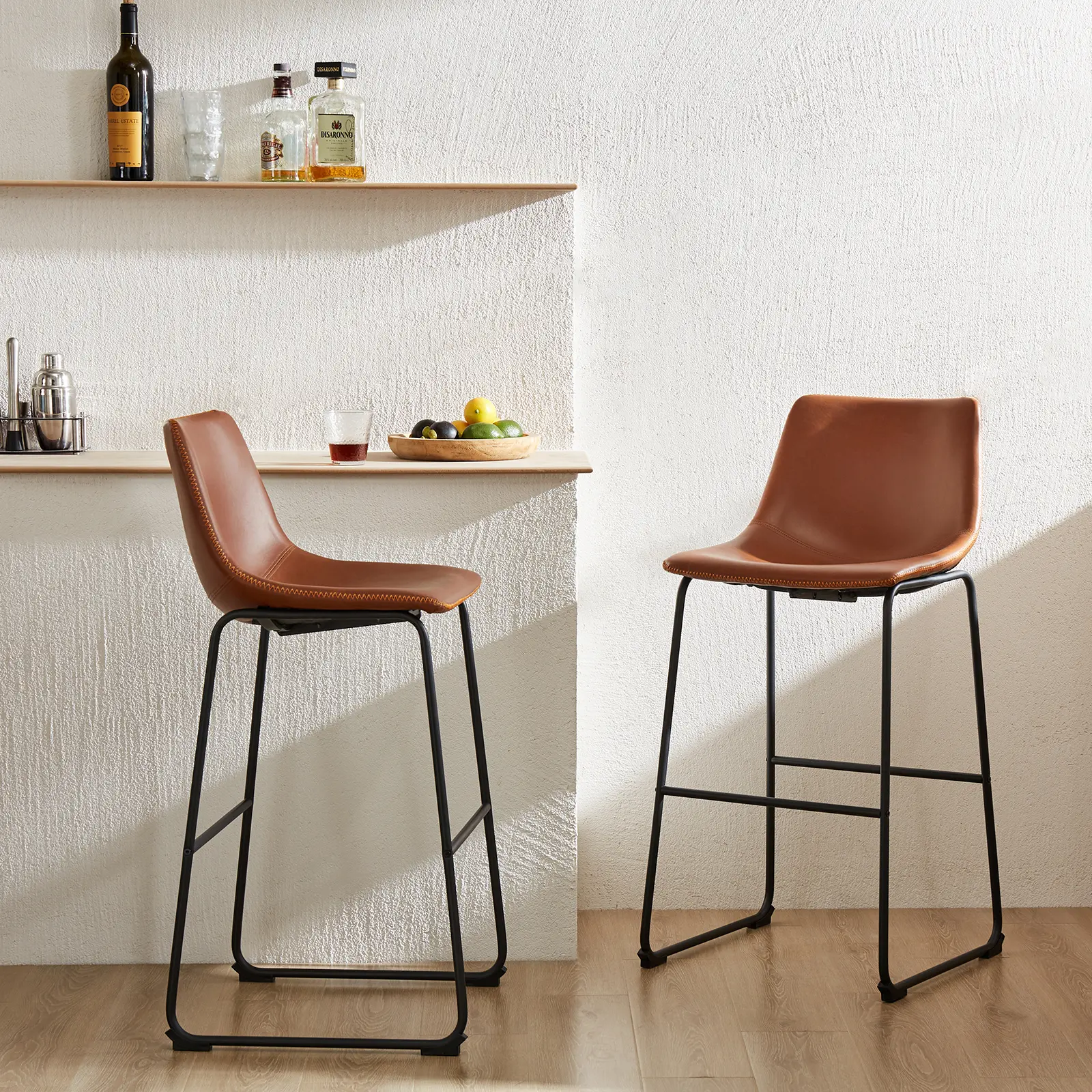 Counter Height Bar Stools Set of 2, Crazy Horse Leather Barstools for Kitchen Island, Modern Bar Chairs with Back and Metal Leg