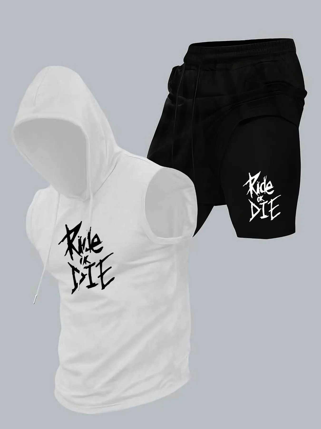 Men's Hooded Vest Set Simple Print, Summer Sports Gym Training Outdoor Casual Sleeveless Hoodie Tank Top Shorts Set