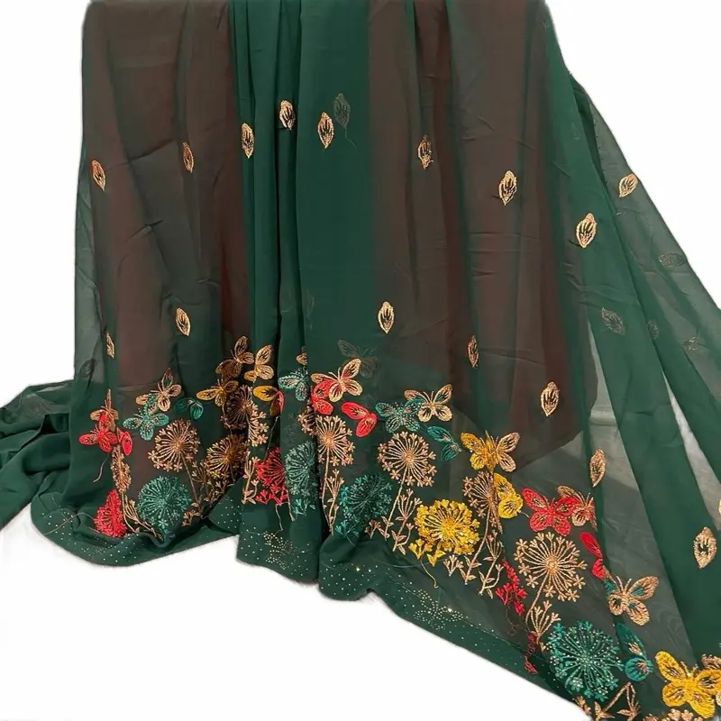 Women's Full-Length Traditional Floral Embroidery Chiffon Saree Dress - Comfortable Special Clothing with Beautiful Vivid Colors, Special Wear, Comfortable Fit, Casual, Loose-Fitting