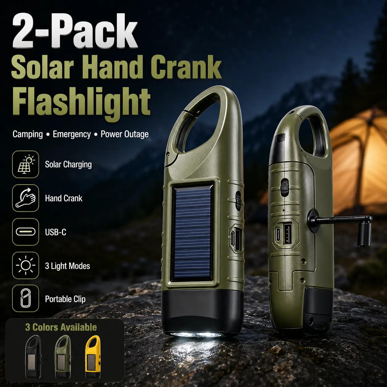 2-Pack: Solar-Powered Hand-Crank Flashlight, USB-Type Emergency LED Camping Light with Clip, Rechargeable Emergency LED Survival Flashlight, Portable Outdoor Flashlight—Ideal for Power Outages, Hiking, Car Repairs, and Survival Gear