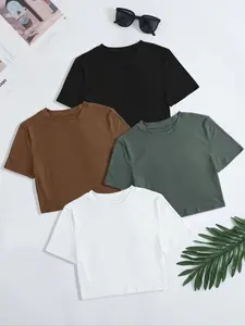 Women's Solid Round Neck Crop Tee, Casual Short Sleeve Crew Neck  Tops for Daily Wear, Ladies Clothes for Summer