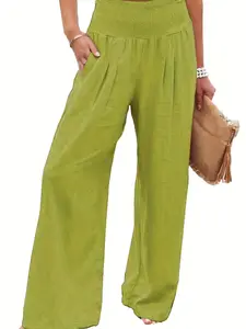 Women's Casual Pants Pure Color High Waist Elastic Long Trousers High Rise Palazzo, Comfortable and Stylish, Perfect for Daily Wear, Fashionable Ladies' Bottoms