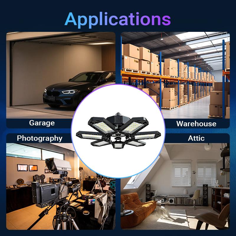 Qawtor Deformable LED Garage Light Bright [3-Pack] Shop Ceiling Bulb Lamps E26/E27 Barn Warehouse Garage Foldable 7+1 Panel Work Light Super Bright Illumination Easy Installation , Summervibes, Fathersdaygift