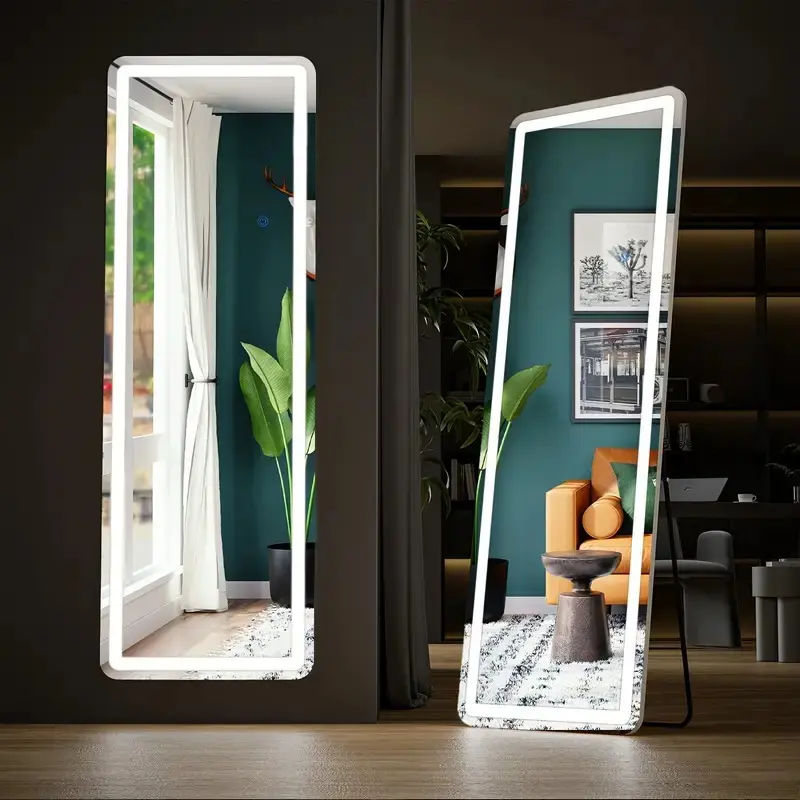 71"x26" Dimmable LED Full Length Floor Mirror with Stand, Touch Control, Aluminum Frame, Wall-Mount or Leaning Design, Black Bedroom Items for Makeup Vanities, Aesthetic Room Decor, Apartment Accessories