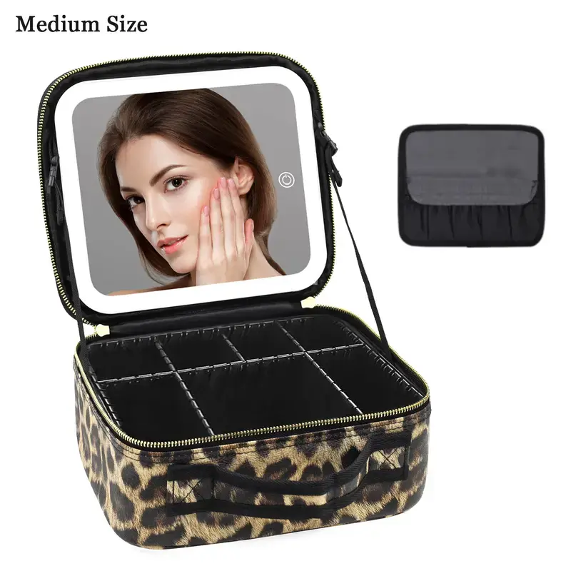 LED Mirror Makeup Bag - PU Leather Portable Vanity, Makeup Organization Compact Multi-Functional Cosmetic Organizer with Adjustable Dividers, 3 Color Light Modes, Brightness Control, Waterproof Professional Artist Travel Case, Gift, Lighted Mirror, Compac