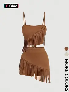 Adjustable Strap Fringe Outfit, Western Spaghetti Strap Sleeveless Cami & Short Skirt Matching Set, Womenswear