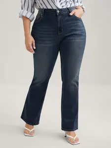 BLOOMCHIC Women's Plus Size Bootcut Jeans - Lady's High-Waisted Casual Denim Trousers, Butter-Soft Blue Medium Wash Mid-Rise Fitted Bottoms, Open-Front Closure, Pockets, Elegant Everyday Clothes, M-6X 2026 Summer Pick 2026 Summer Vibes Womenswear Swimweek
