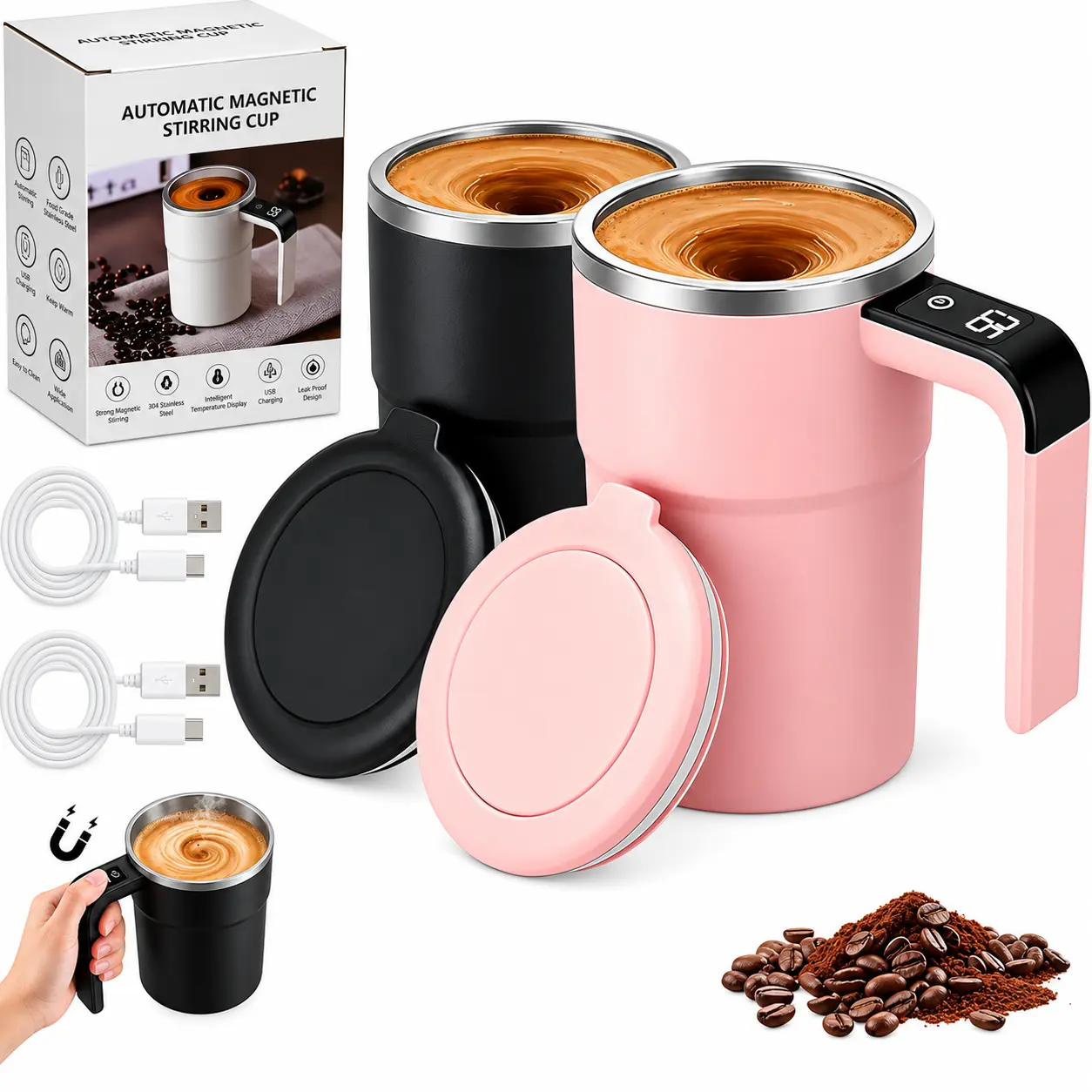 2-Pack Rechargeable Self-Stirring Coffee Mugs, 380ml Stainless Steel Magnetic Mixing Cups with Lids, Automatic Drink Mixer for Coffee, Tea, Cocoa & Milk, Home and Office Use