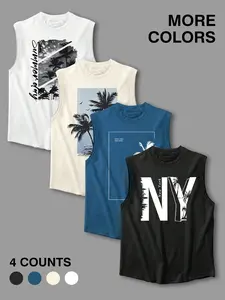 Palm Tree Tropical Vacation Sleeveless Tank Set, Graphic, American Casual Style Oversized Vest, Multi-Color Options, Breathable Tank Top, Ideal for Beach Getaways, Daily Outings, Summer Relaxed Vibe, Four-piece set, Nightwear
