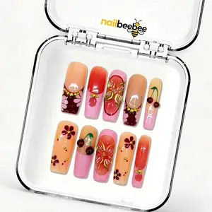 Crimson Cherry & Floral Mid Square Press-On Nails,10pcs Handmade Crimson Cherry Floral Mid Square Press-On Nails | Red Gold Gradient Nails | Reusable Vintage Fake Nails | Romantic Gift for Her