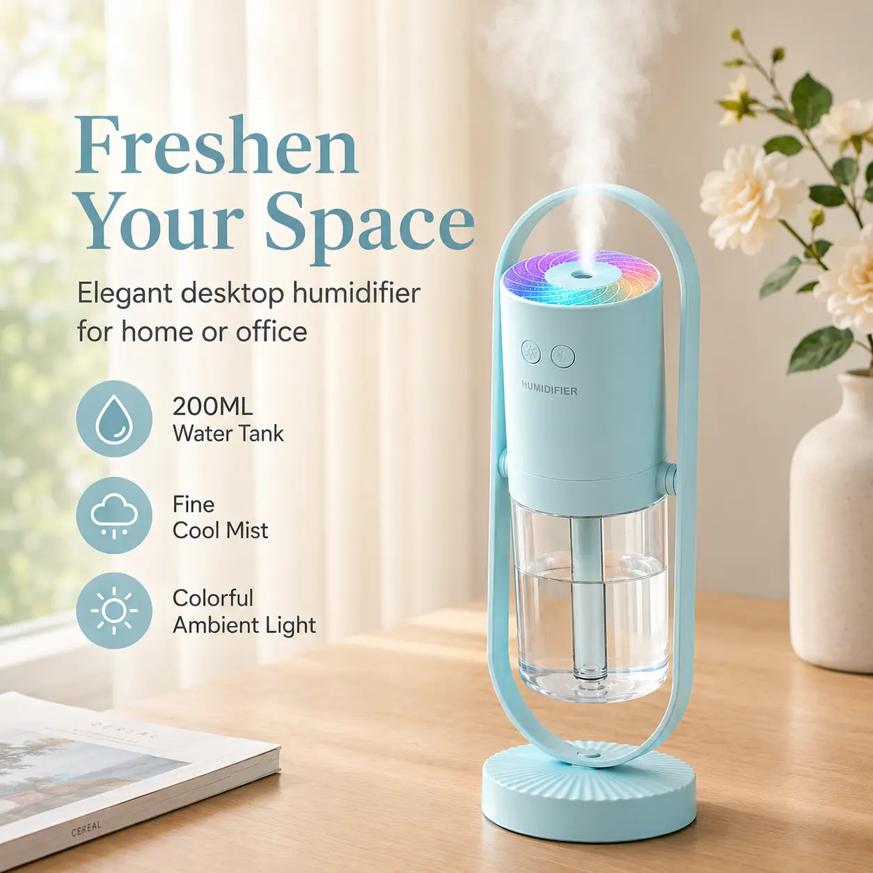 200ML Blue Mini Cool Mist Humidifier - RGB LED Light-Up, 1-Touch Type-C USB Portable Desktop Humidifier with Visible Water Volume for Bedroom, Office Dry Air Relief