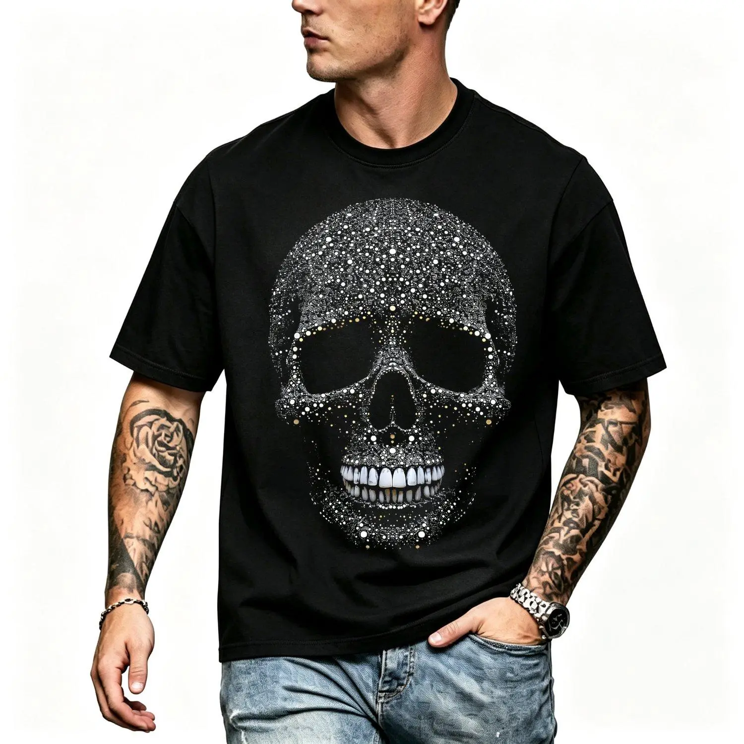 Male Short-Sleeve Graphic Shirts, Casual Sports Tops with Intricate Rhinestone Crystal Skull Print and Stream Elements, Shortsleeve, Round Neck