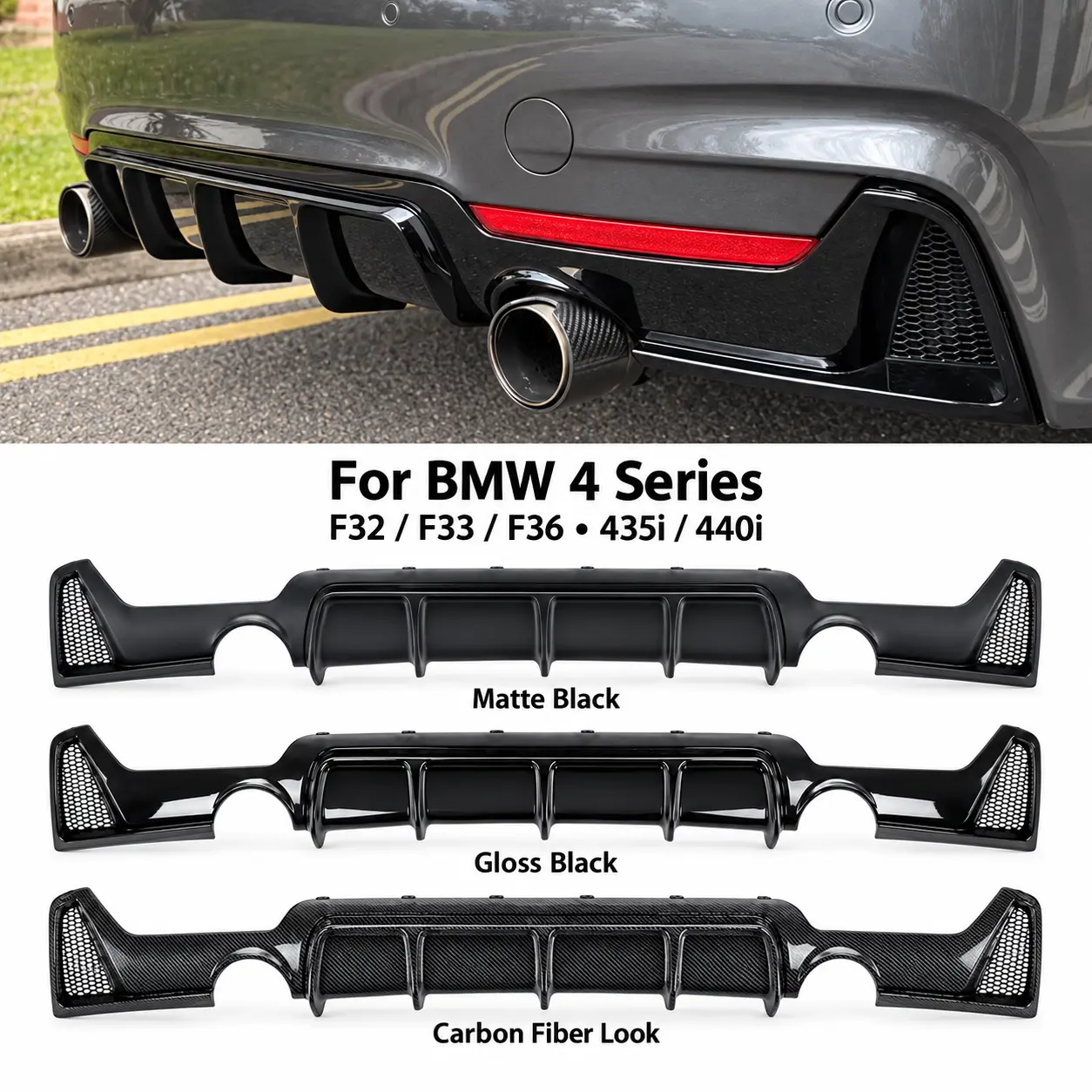 Dual Exhaust Rear Bumper Diffuser for BMW 4 Series F32 F33 F36 2014-2020 M Sport, Matte Black, M Performance Style Gloss Black or Carbon Fiber Look ABS Rear Valance Lip