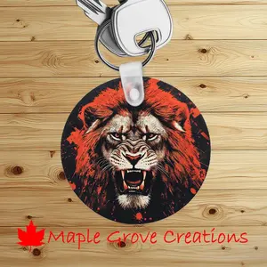 Lion Head Roaring Keychain - 2.5" Round - Gloss White Fiberglass Reinforced Sublimation Plastic Key Tag