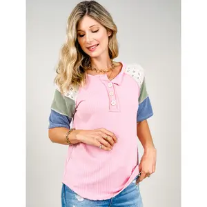 Ribbed Patchwork Button Front Short Sleeve Top