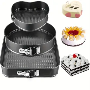 Three-piece springform cake mold set, featuring three designs: heart-shaped, round, and square, uses non-stick carbon steel baking pans, comes with a detachable base and locking system for easy demolding. It is an essential tool for making cakes Bakeware