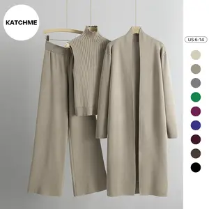 KatchMe Women's Casual Three-Piece Set Solid Turtle Neck Tank Top & Wide Leg Trousers & Open Front Long Cardigan Set, Women Clothes for Fall & Winter