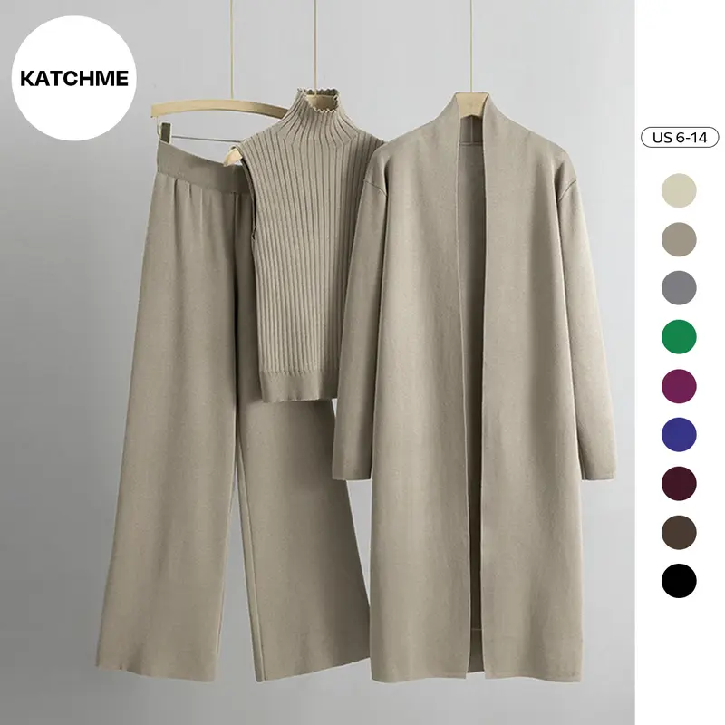 Katch Me Chic(US/CN)Women's Casual Three-Piece Set Solid Turtle Neck Tank Top & Wide Leg Trousers & Open Front Long Cardigan Set, Women Clothes for Fall & Winter