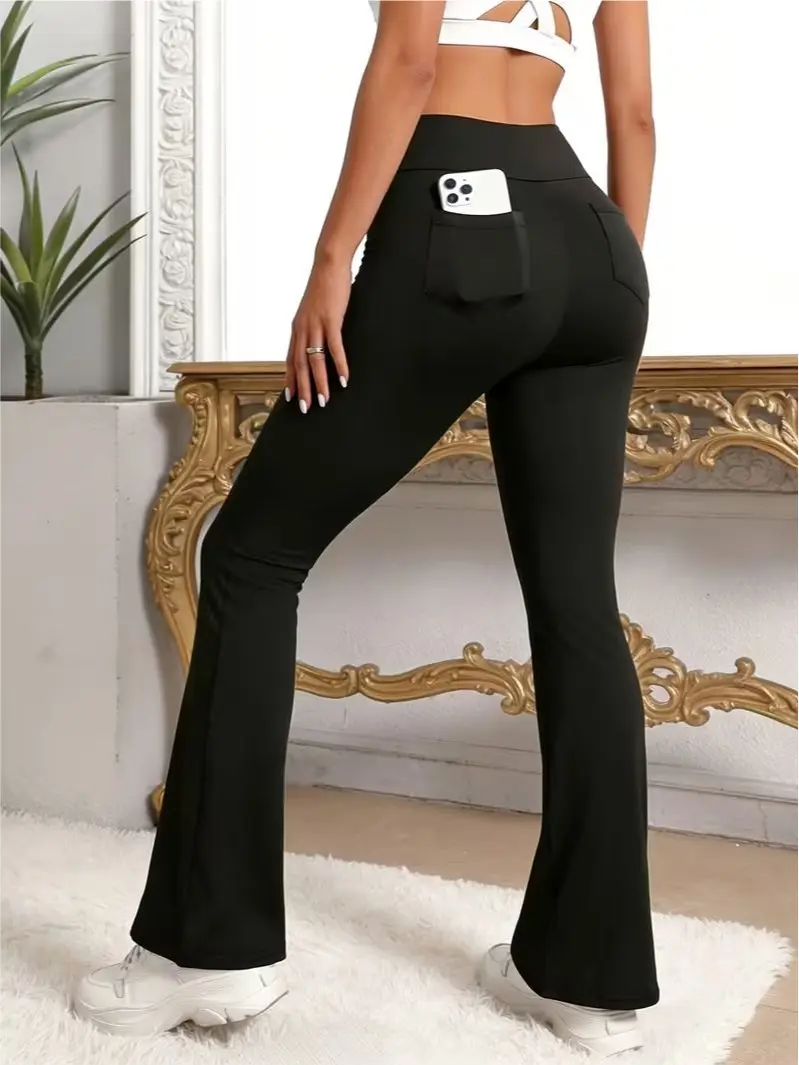 Women's sweatpants, pocket flare pants, fashionable high-elastic yoga pants, outdoor casual trousers, non-see-through high-waisted butt-lifting pants