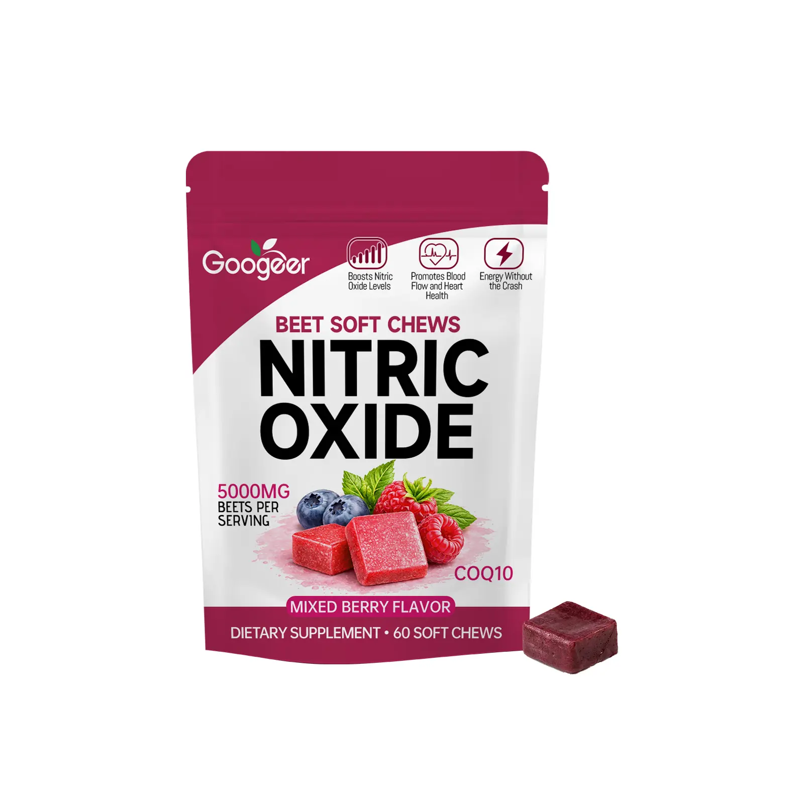 Beet Root Soft Chews Gentle Dietary Supplement, Vitamin C Niacin CoQ10, Supports Nitric Oxide & Healthy Blood Flow, Sustained Energy No Crash, Mixed Berry Flavor, 60 Soft Chews