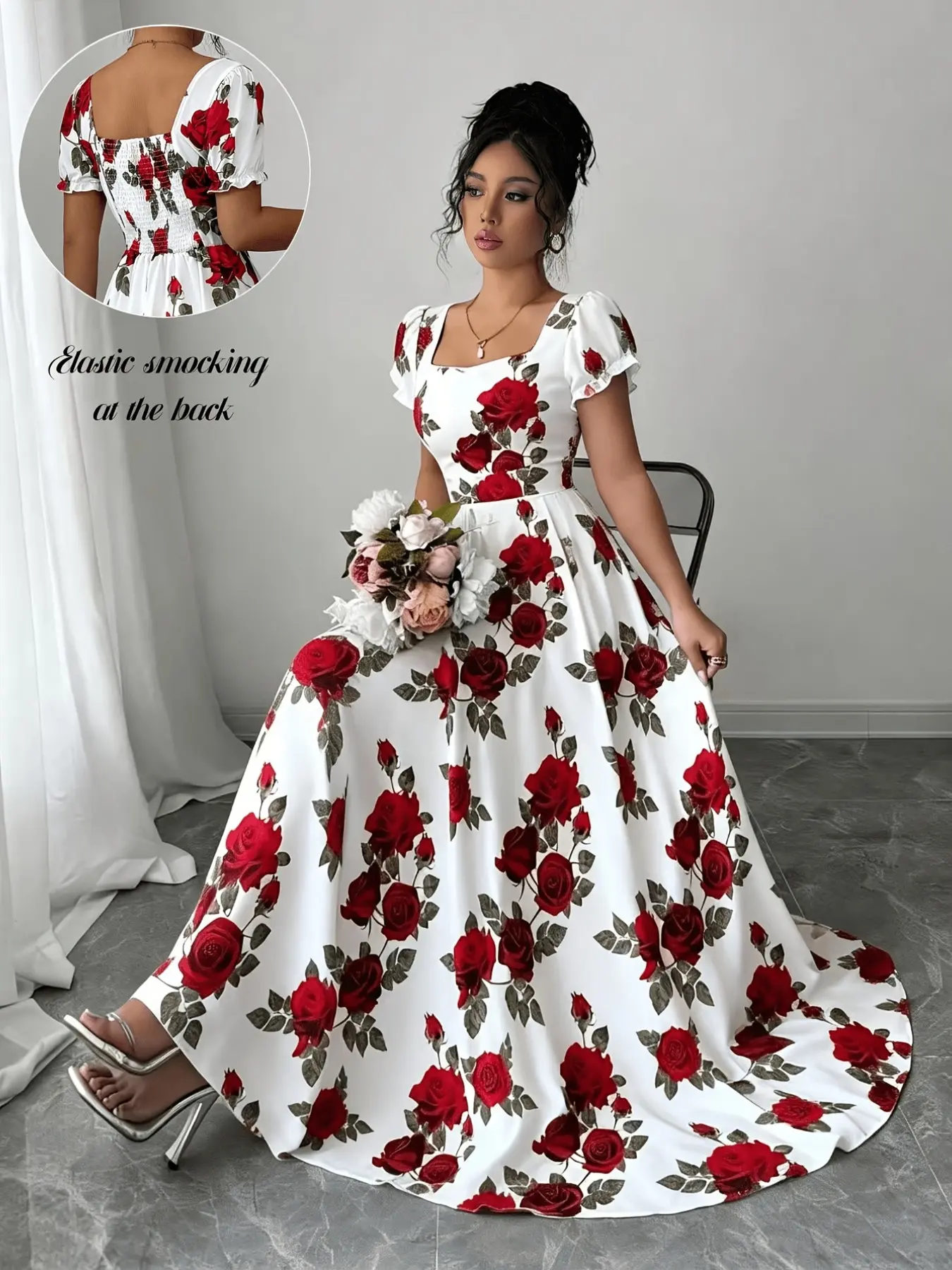 Summer New Arrival Vintage Floral Chic Elegant Party Dress, Rose Print Square Neck Bubble Sleeve A-Line Long Dress for Women