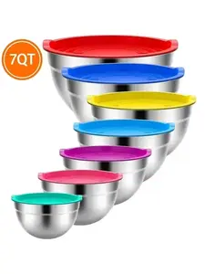 TINANA Mixing Bowls with Lids: 7 Pack Stainless Steel Mixing Bowls Set, Metal Nesting Mixing Bowls for Kitchen, 7/4.5/3.0/2.0/1.5/1.0/0.7QT, Great for Prep, Baking, Serving, Multicolor