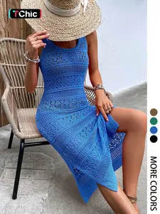 Women's Elegant Chic V-Neck Sleeveless Dress, Casual Summer Beachwear, Hollow Out Pattern, Split Thigh Design, Fitted Long Dress Womenswear