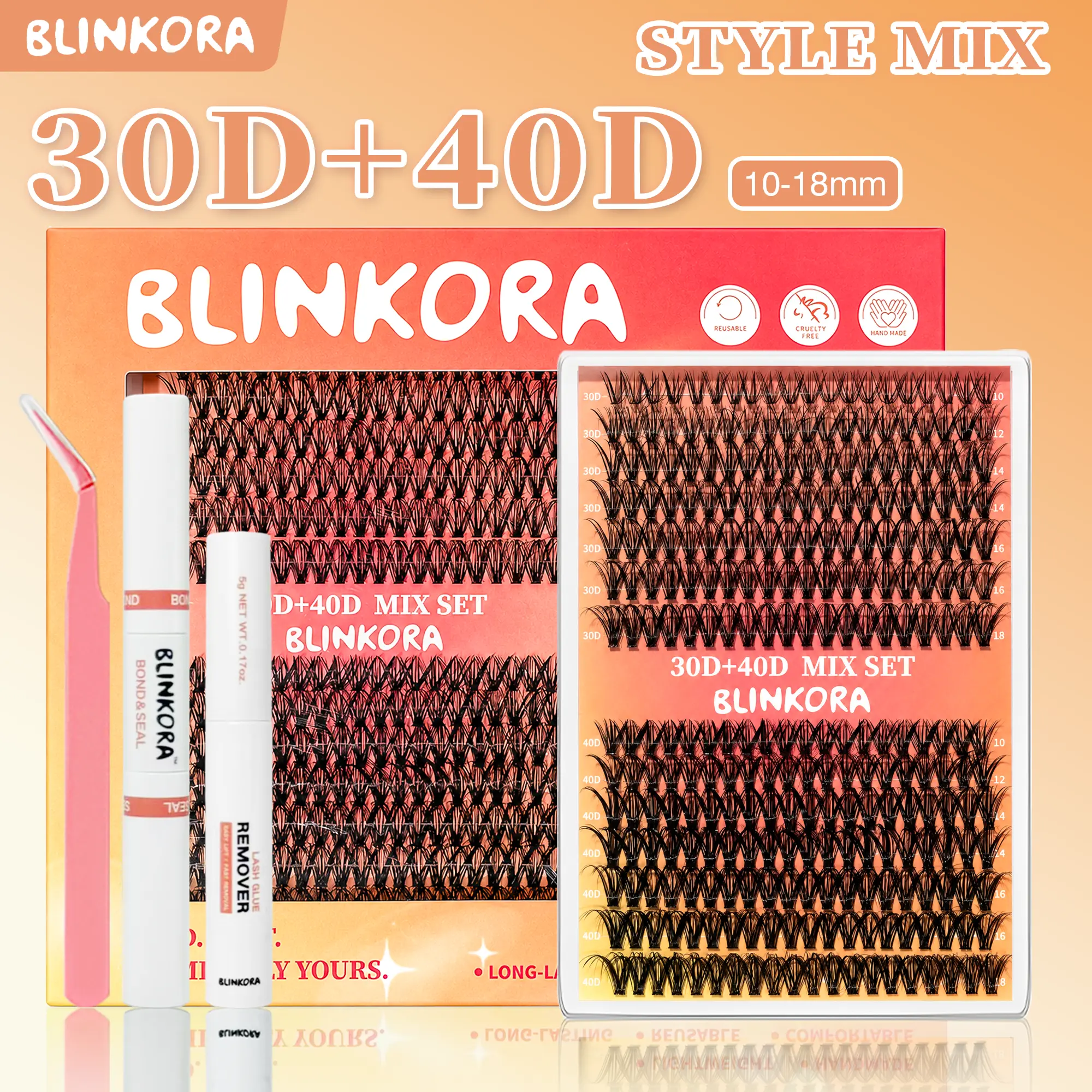 Blinkora 30D+40D Hybrid Lash Cluster Kit, 10-18mm D Curl Natural Wispy Fluffy Waterproof DIY Eyelash Extensions for Beginners, Soft Lightweight Lashes Clusters Kit with Free Glue, Remover & Applicator, Double Layer Lash Clusters for Dramatic Look