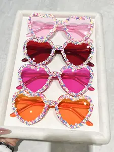 Women's Frameless Heart-Shaped Glasses with Rhinestone Decorations, Multi-Color Lenses Available, Fashionable Party Style Accessory, Heart Shaped Sunglass