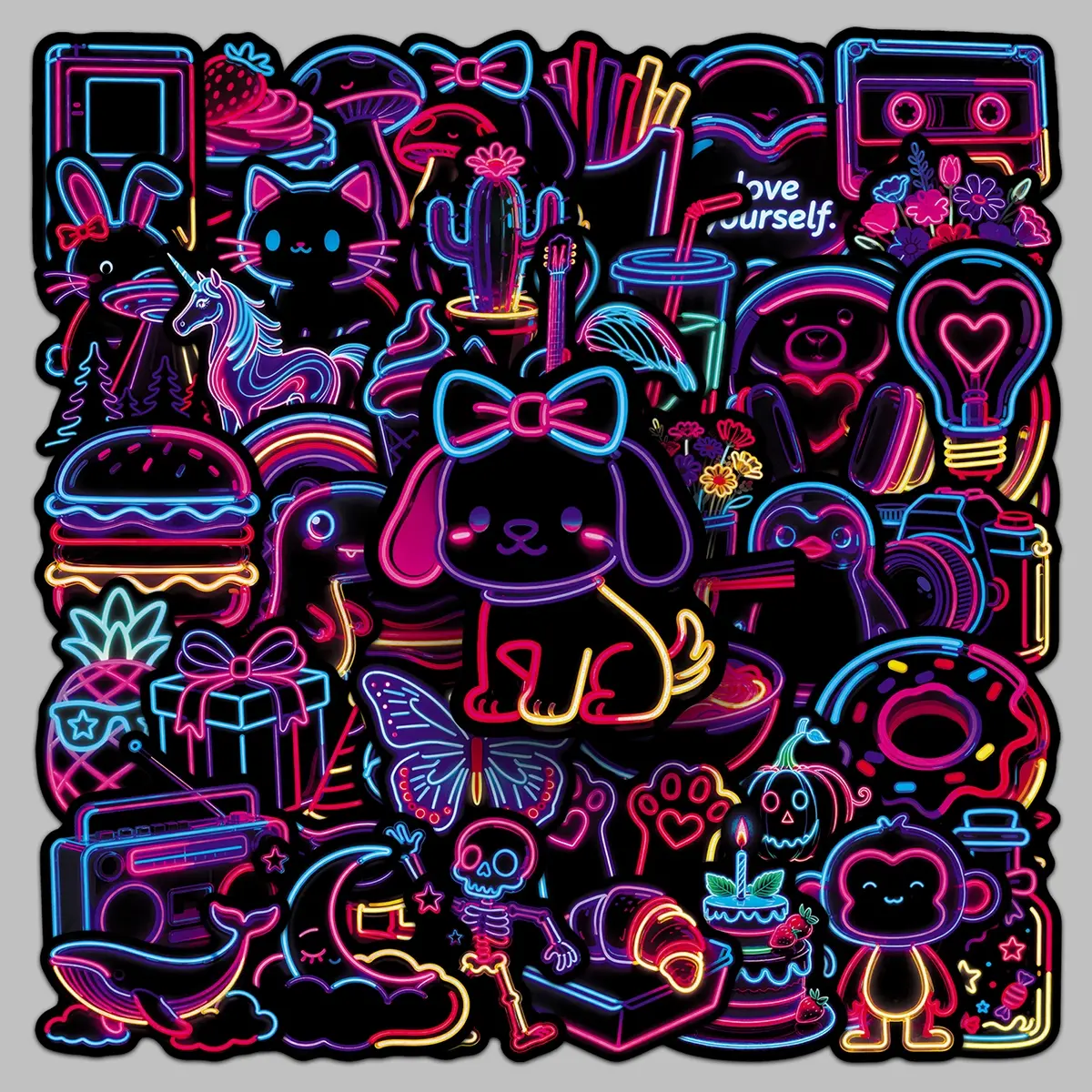 50pcs cute neon cartoon stickers diy handbook scooter car helmet personality trend stickers Stickers For Cars Sticker Decals