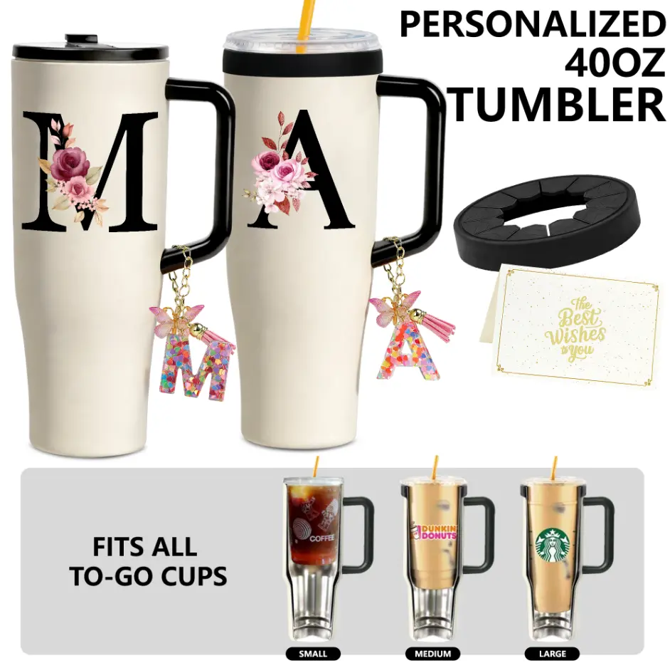 ZIOSINM 40oz Personalized Initial Vacuum Sealed Stainless Steel Tumbler with Silicone Ring, Leak-Proof, 12H Ice Cold, Fits Most Car Cup Holders, Custom Keychain Gift Box Set for Travel, Pool Party, Office, Back To School