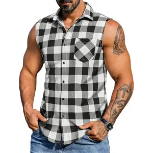 Men's Plaid Sleeveless Polyester Top - Regular Fit, Flannel Collar, Fabric Hem, Stylish Summer Shirt, Casual Streetwear, Ideal for Beach Vacations & Casual Attire, Machine Washable, Red & Black