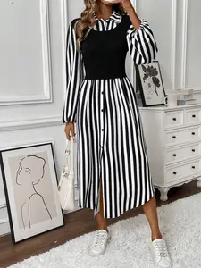 Illusion two-piece set， fashionable striped long sleeved dress with striped patchwork fashion design, A-line skirt and collar, suitable for spring/autumn/winter wear, date travel party indoor fashionable and beautiful dressing
