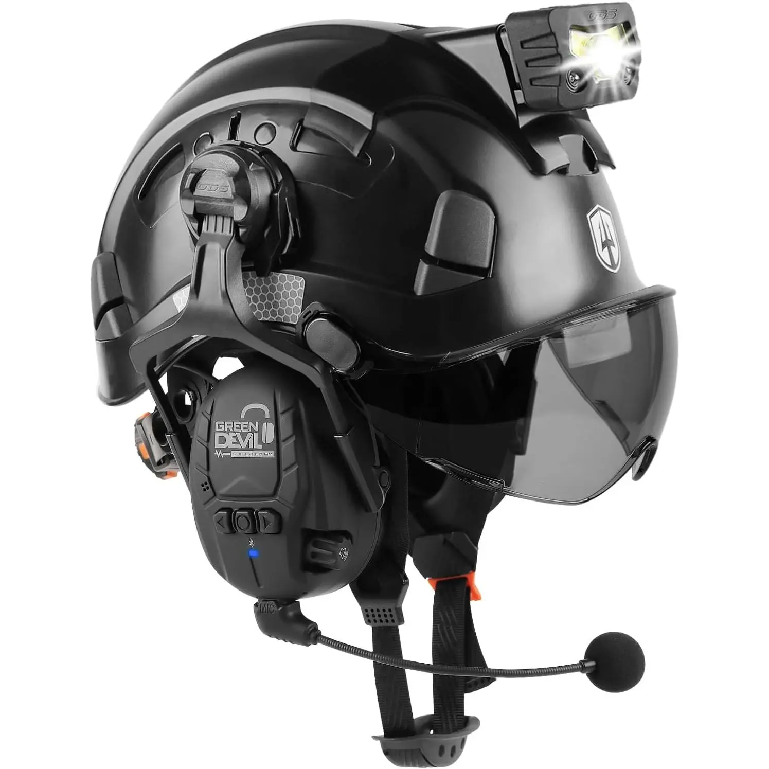 Vented Cap Style Hard Hat with Bluetooth Muffs (27dB NRR) & Dual Visor for Eye and Face Protection - 6-Point Adjustable Suspension Helmet (53-63cm) with Headlamp Mount for Construction & Scaffolding, Woodworking, Blocks Debris, Kit