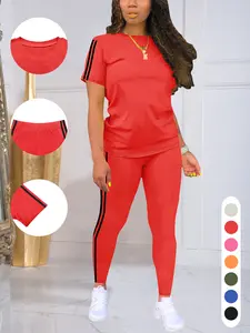 Women's Two-piece Casual Sportswear Set, Featuring A Striped-edge Short-sleeved Round-neck Pullover And A Slim-fitting Striped-edge Pants, Making It A Complete Sportswear Set