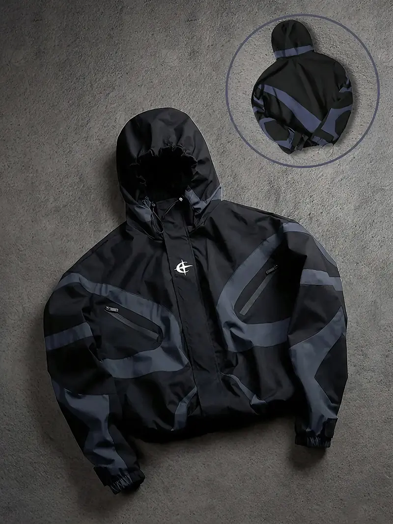 Y2K men’s loose-fit color-block hooded windproof jacket, retro functional street-style zip-up outerwear, waterproof casual jacket with drawstring hem and zippered pockets, suitable for everyday outdoor wear.